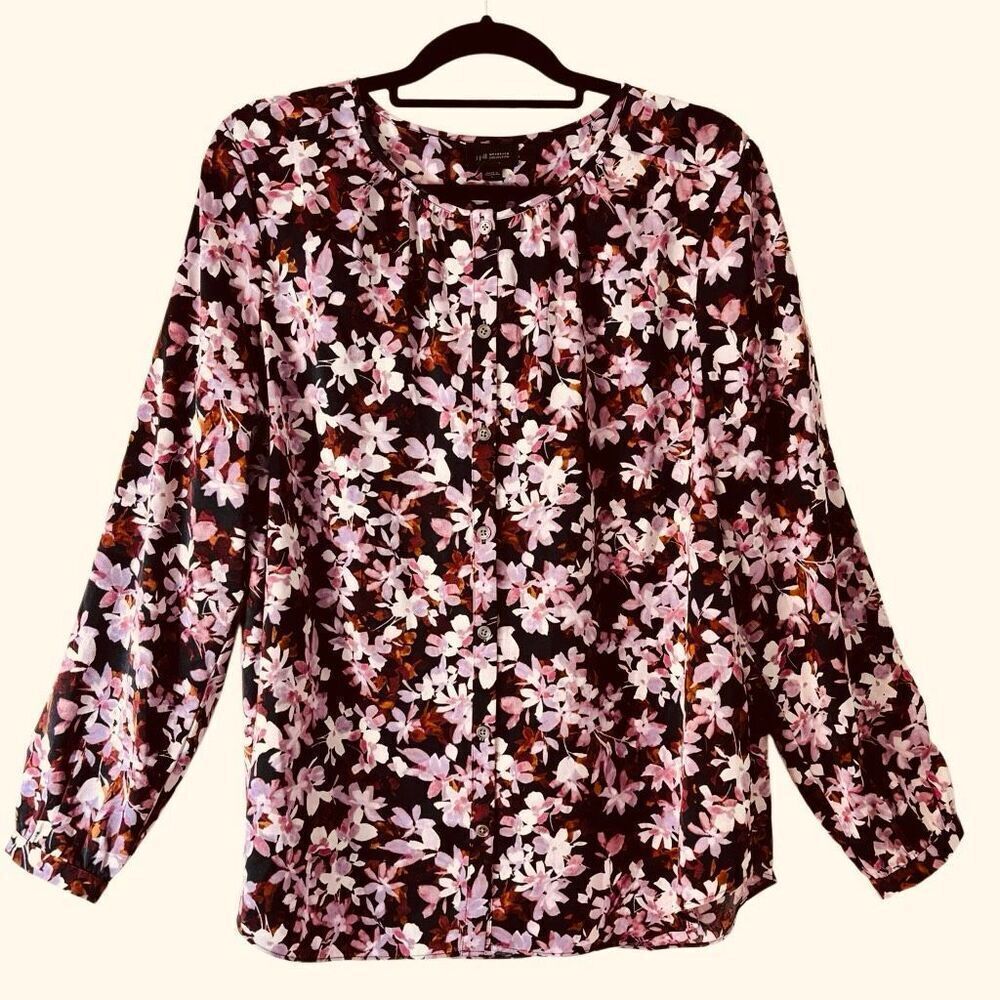 J. Jill L plum lavender brown floral button front long sleeve gathered back blou